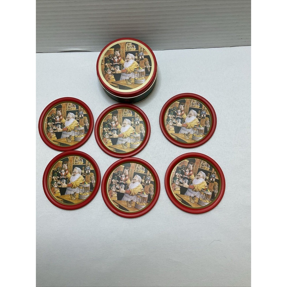 Willitts designs 1985‎ VTG Santa's Workshop Six Metal Coasters In Tin Item 5491